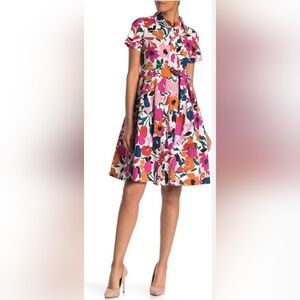 Donna Morgan Hot Pink Floral Button Up Short Sleeve Midi Dress 14W Plus Stretch